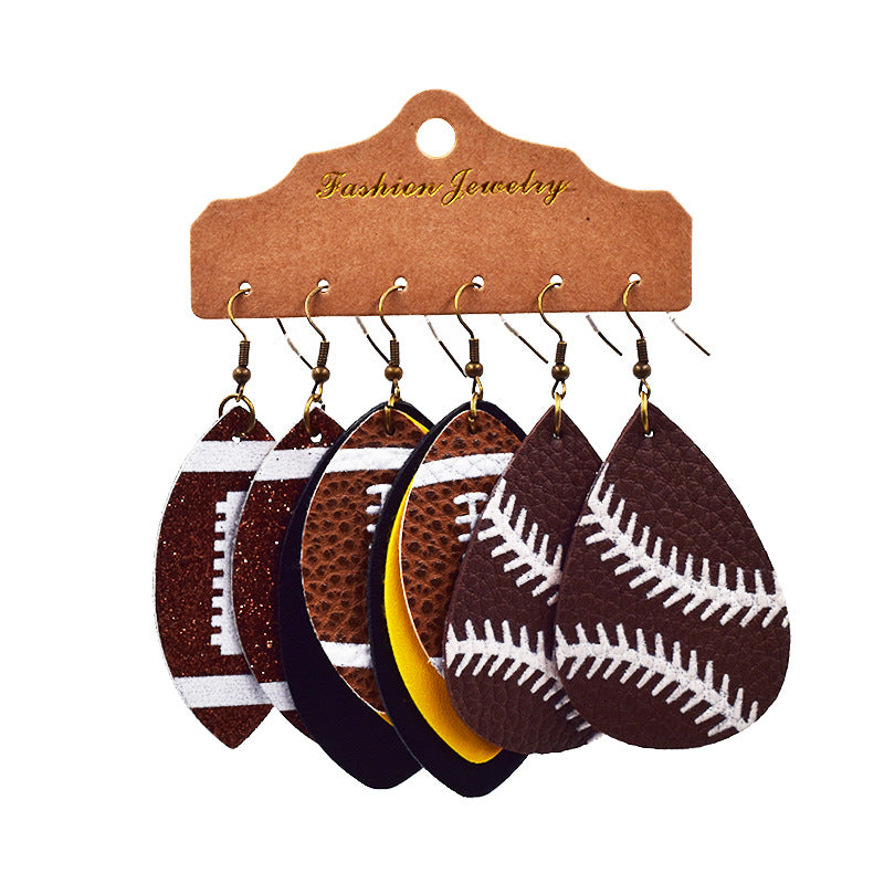 Wholesale Multi-layer Leather Earrings Rugby Football Leather Earrings Combination Leather Earrings